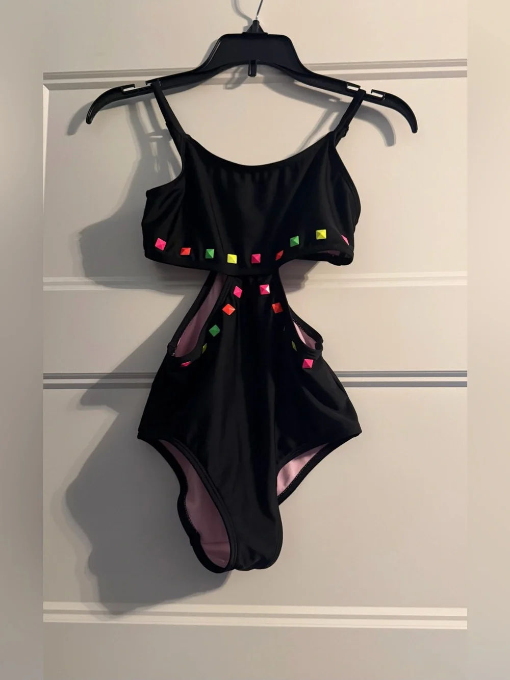 Girls' Black One-Piece Cutout Swimsuit with Neon Studs